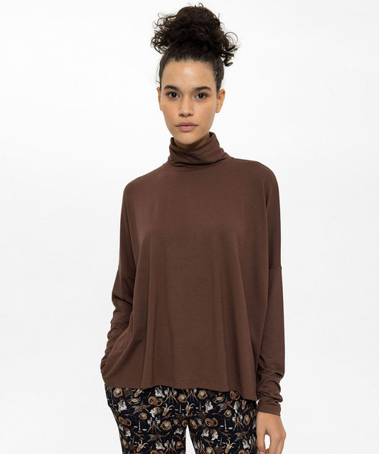 Boğazlı Oversize Kahverengi Bluz