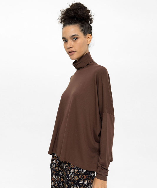 Boğazlı Oversize Kahverengi Bluz