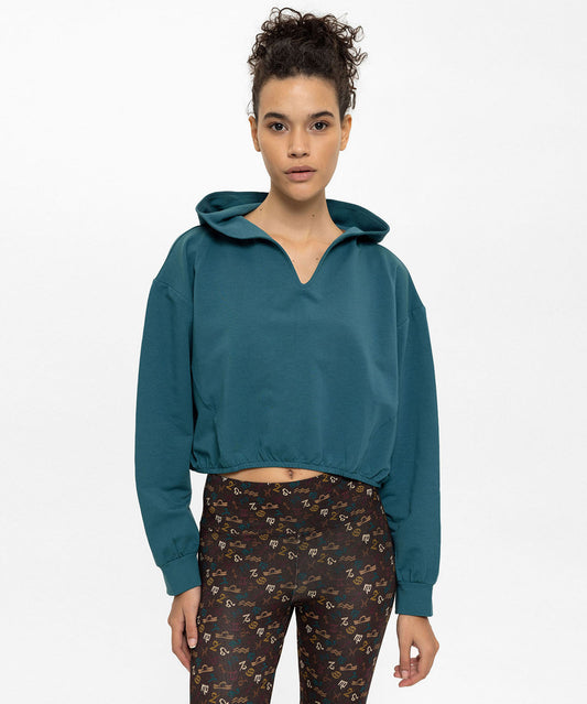 Kapüşonlu Beli Lastikli Nefti Yeşil Oversize Crop