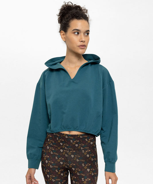 Kapüşonlu Beli Lastikli Nefti Yeşil Oversize Crop