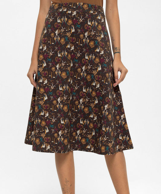 A Kesim Burç Desenli Kahverengi Etek
