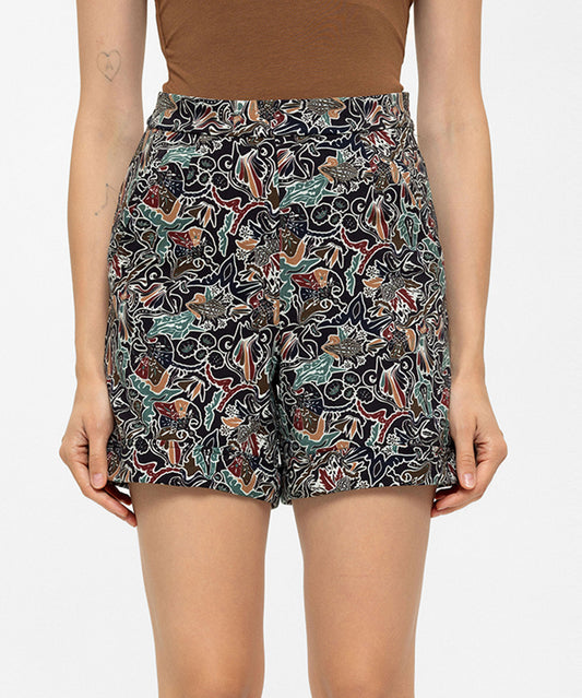 Yüksek Bel Şal Desenli Şort