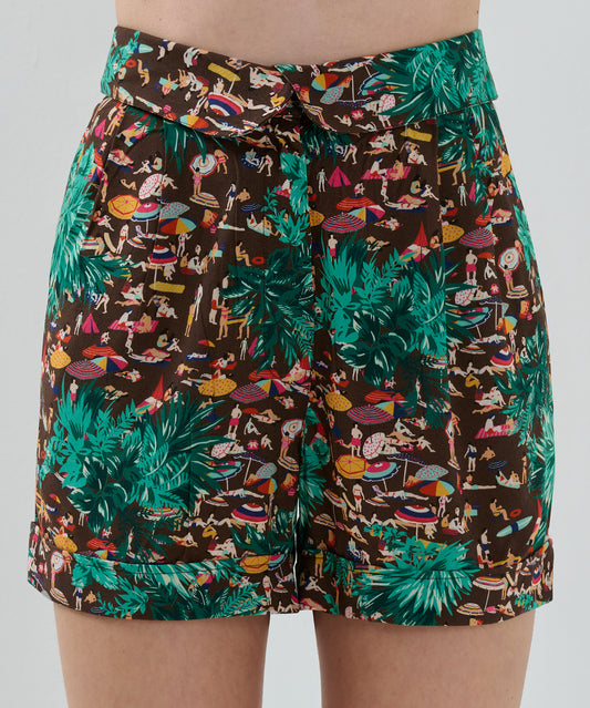 Double Paça Baskılı Dokuma Şort