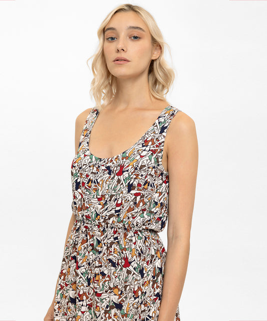 Beli Lastikli Desenli Elbise