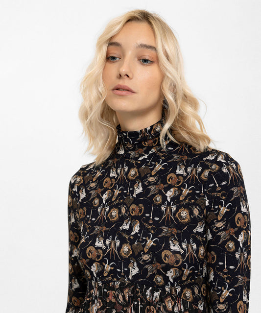 Boğazlı Burçlar Desenli Elbise