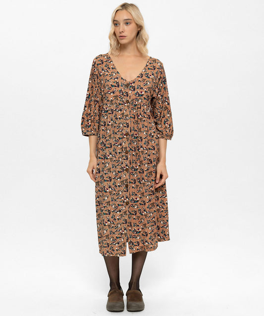 Desenli Rahat Kesim Önden Düğmeli Şahmaran Desenli Elbise