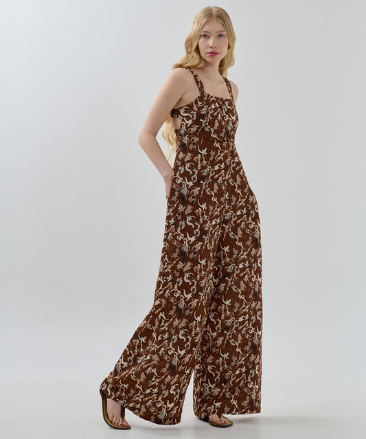 Sırtı Büzgülü Şerit Dekolteli Dokuma Tulum