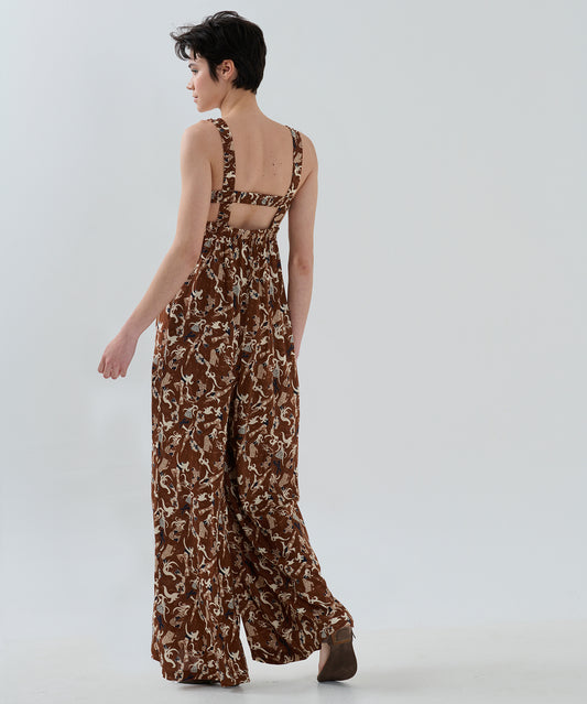 Sırtı Büzgülü Şerit Dekolteli Dokuma Tulum