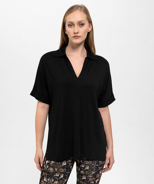 Yakalı V Yaka Dökümlü Siyah Bluz