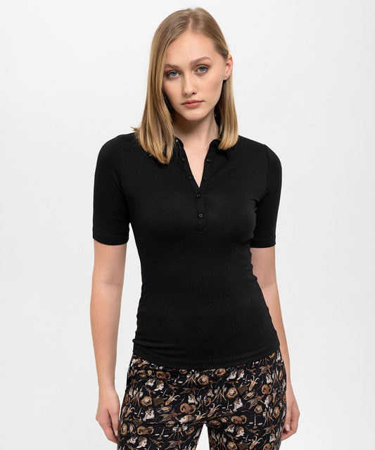 Önden Düğmeli ,Yakalı Siyah Slim Bluz