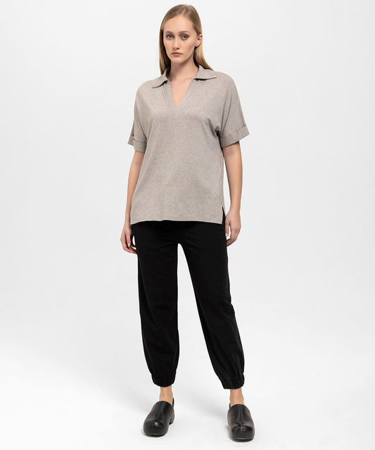 Yakalı V Yaka Dökümlü Gri Melange Bluz