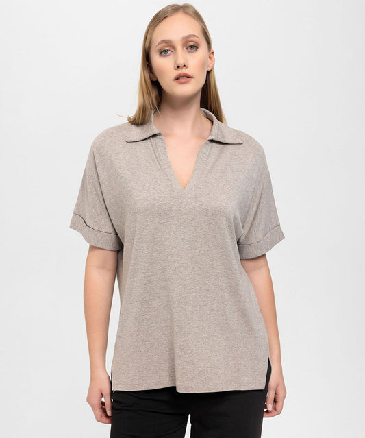 Yakalı V Yaka Dökümlü Gri Melange Bluz
