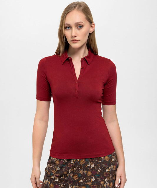 Önden Düğmeli ,Yakalı Bordo Slim Bluz