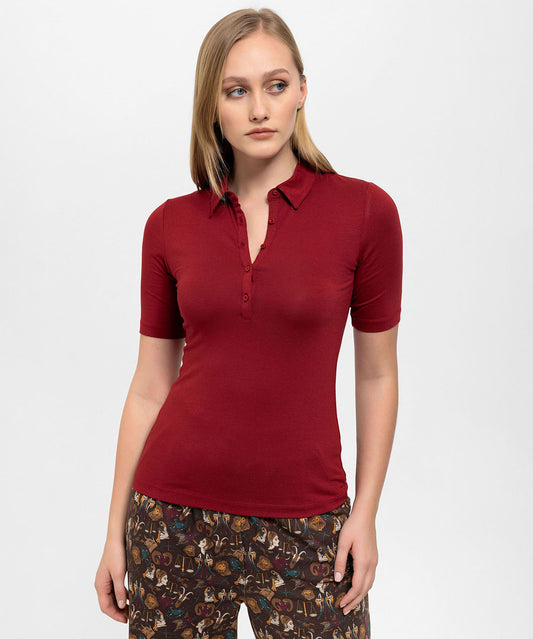 Önden Düğmeli ,Yakalı Bordo Slim Bluz