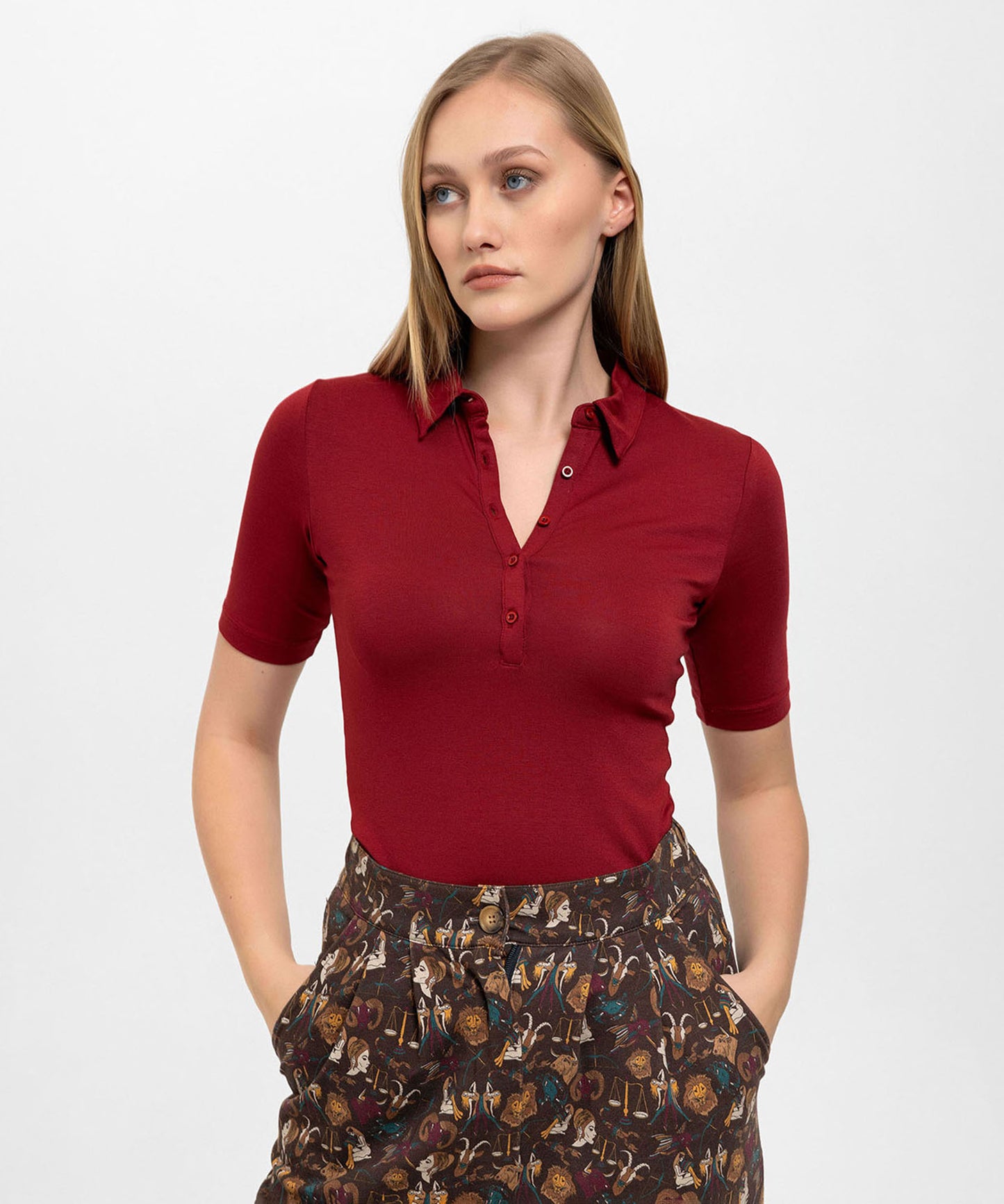 Önden Düğmeli ,Yakalı Bordo Slim Bluz