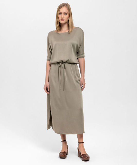 Belden Büzgülü Dökümlü Saten Haki Elbise