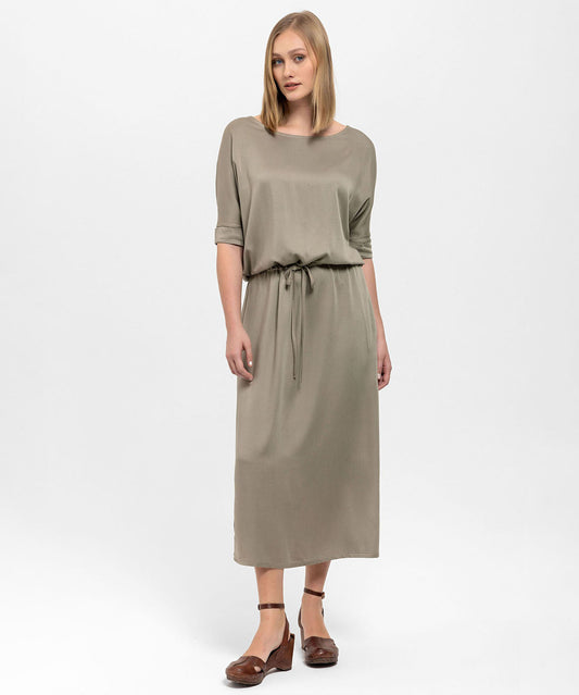 Belden Büzgülü Dökümlü Saten Haki Elbise