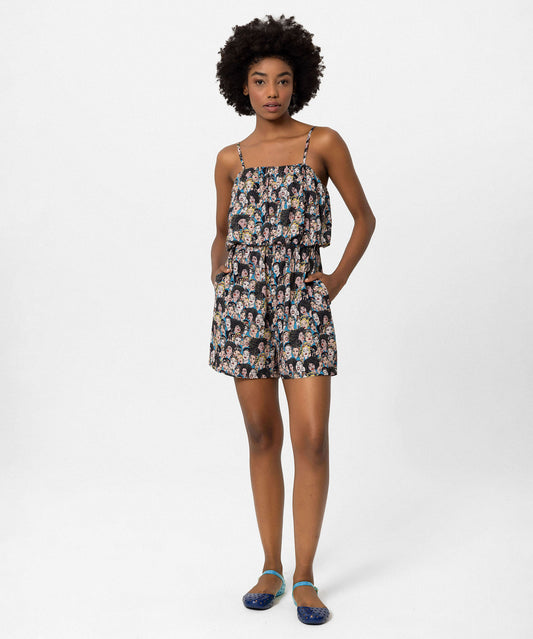 Askılı Desenli Şort Tulum