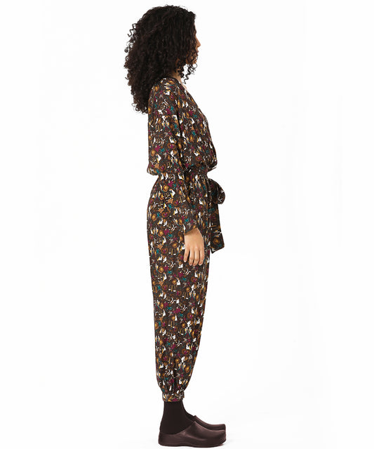 Belden Kuşaklı Burçlar Desenli Dokuma Tulum