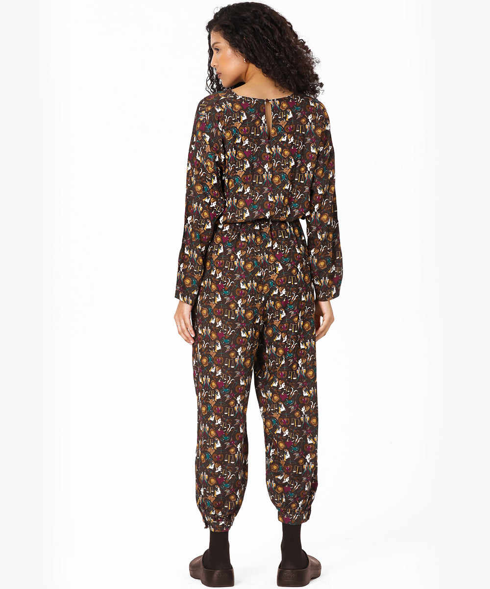 Belden Kuşaklı Burçlar Desenli Dokuma Tulum